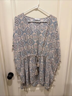 Geometric Tassel Drawstring Tunic in Light Blue and Cream